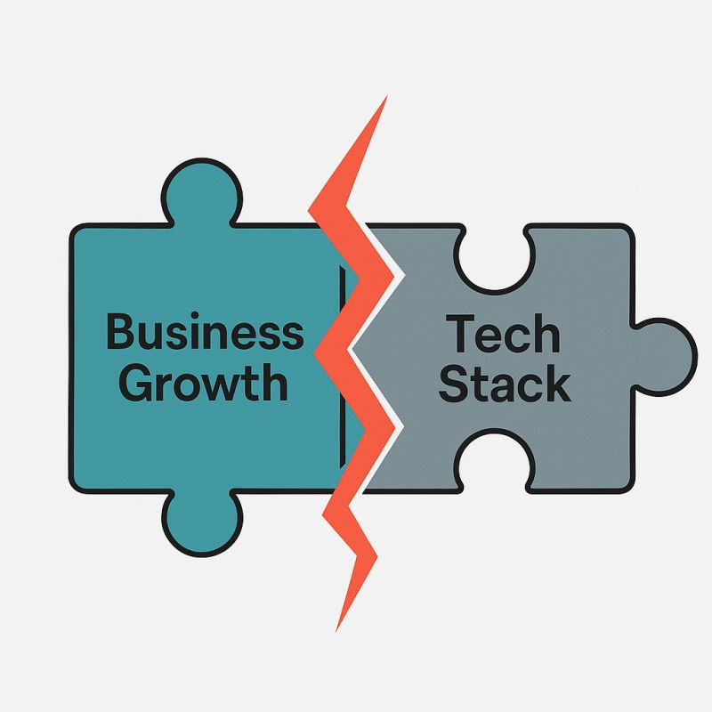 Two puzzle pieces labelled business growth and technology stack separated by a crack
