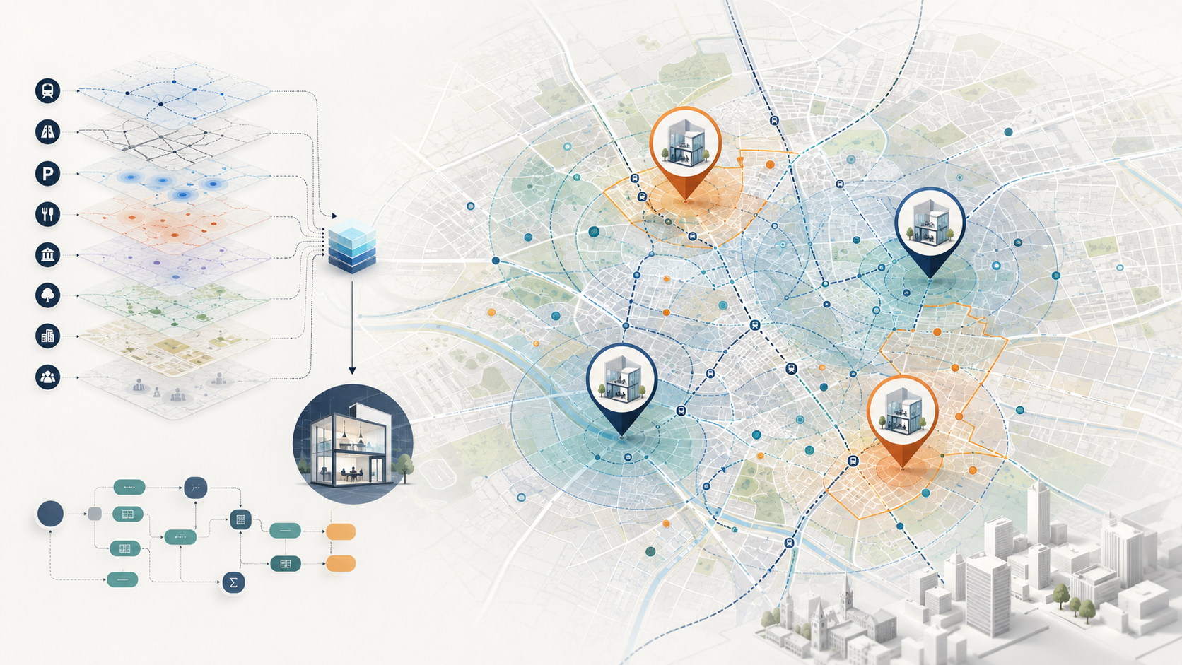 GIS site-selection concept showing layered spatial criteria, transport and amenity networks, and candidate coworking locations across Eindhoven.