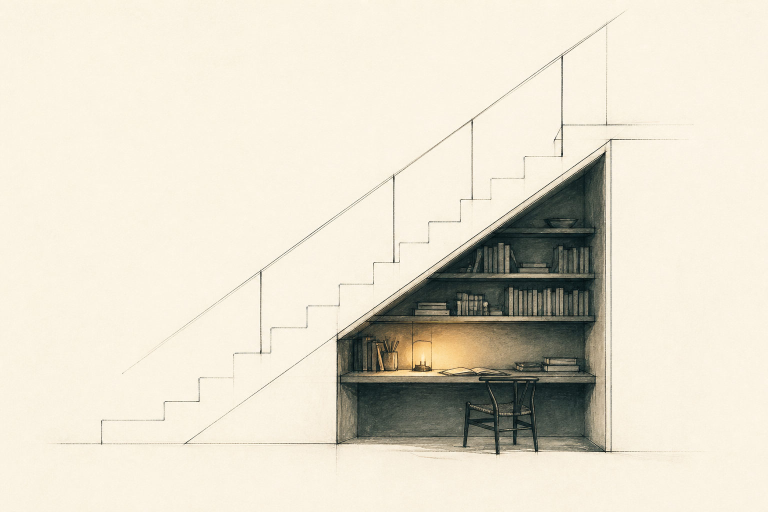 A warmly lit library and writing desk built beneath a staircase